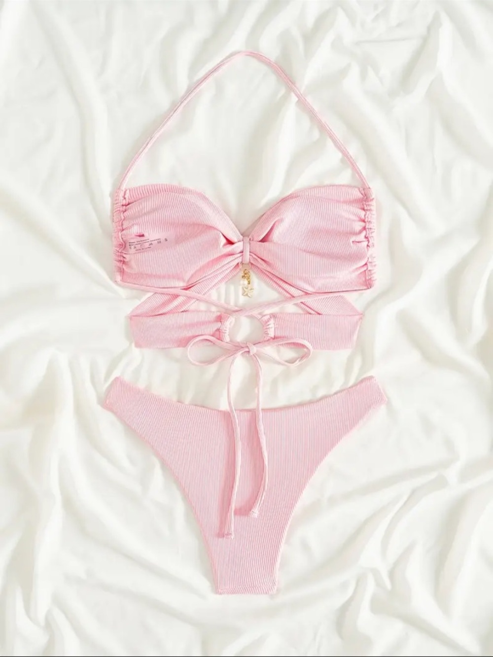 Pink Ribbed Tie-Front Bikini Set - Picture 3 of 4